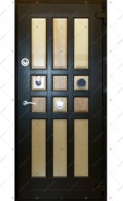 Дверь стальная входная БАСТИОН-3. Панель из массива дуба крашеная с комбинированными филенками (береза, стекло, дуб)