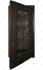 Дверь стальная входная СуперЛюкс. Панель на основе МДФ шпонированная, решётка между двумя стёклами (вид снаружи)