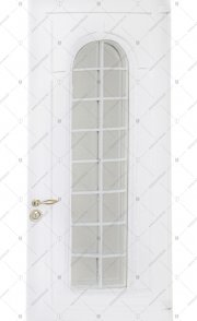 Дверь стальная входная СуперЛюкс. Панель с вырезом арочной формы, решётка, стеклопакет изнутри (вид снаружи)
