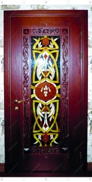 Дверной блок из массива дуба, тонированный, с декоративным багетом ручной работы и витражной филёнкой