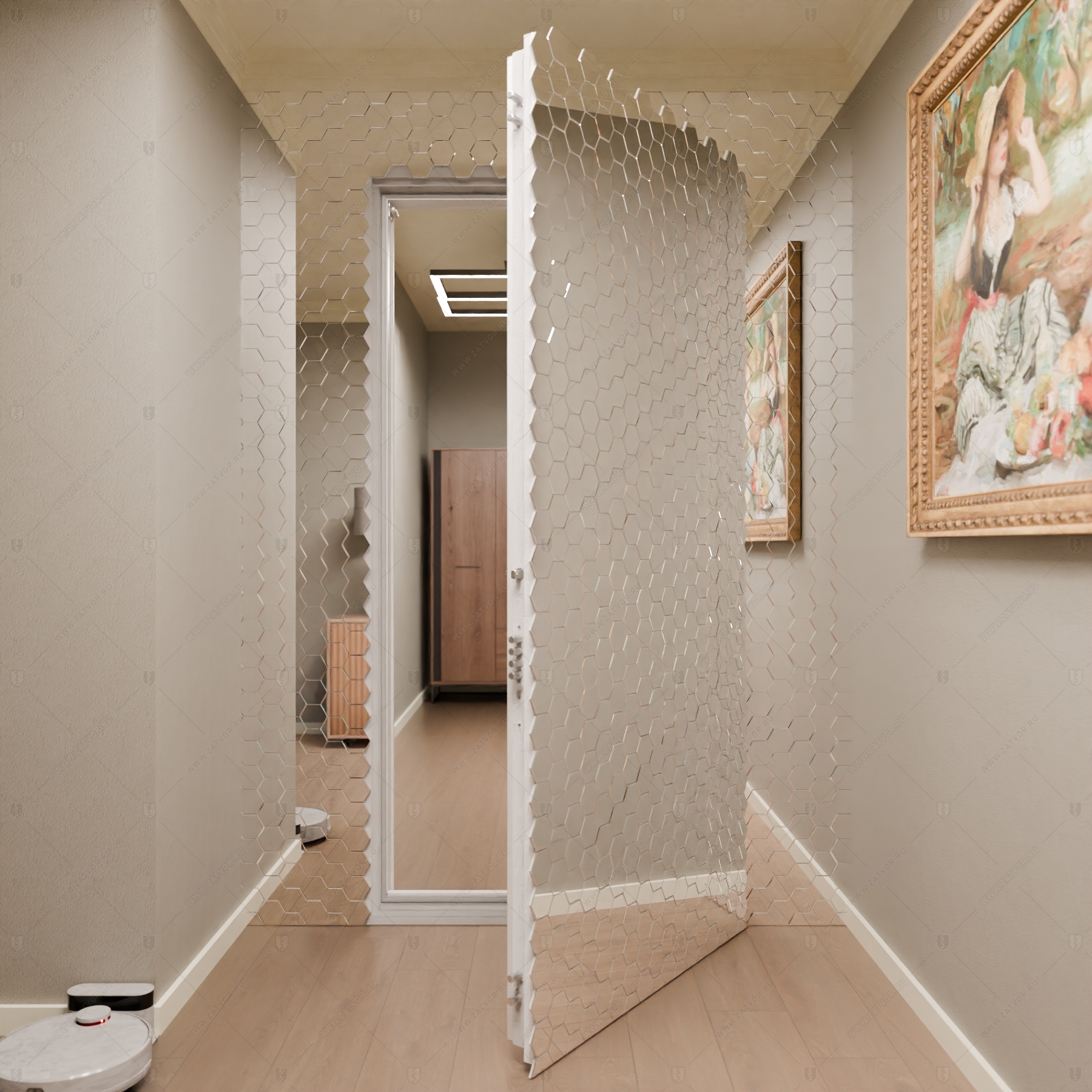 Скрытая (потайная) дверь "Панопт" БАСТИОН-1 с наружной панелью из зеркальной плитки_4