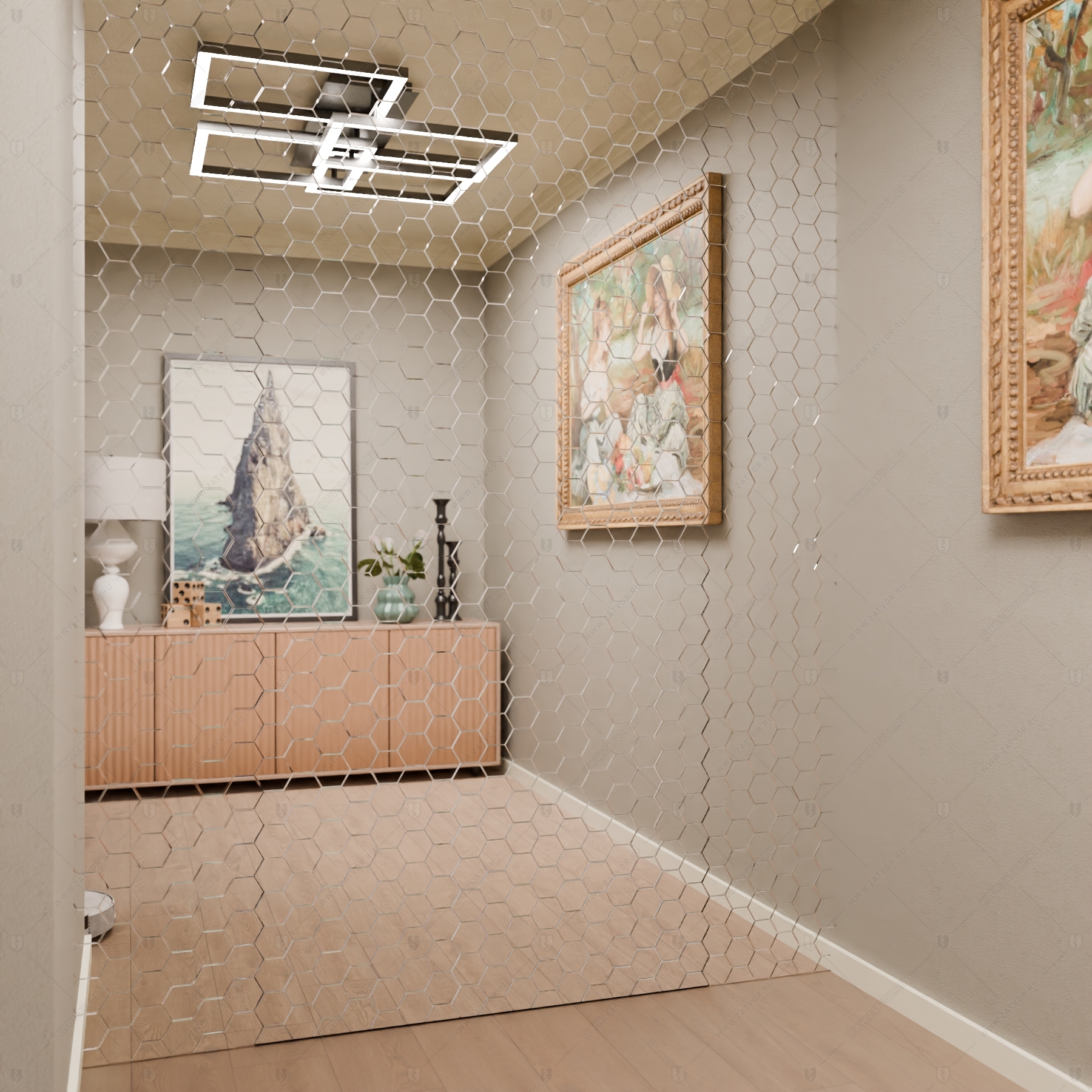 Скрытая (потайная) дверь "Панопт" БАСТИОН-1 с наружной панелью из зеркальной плитки_3