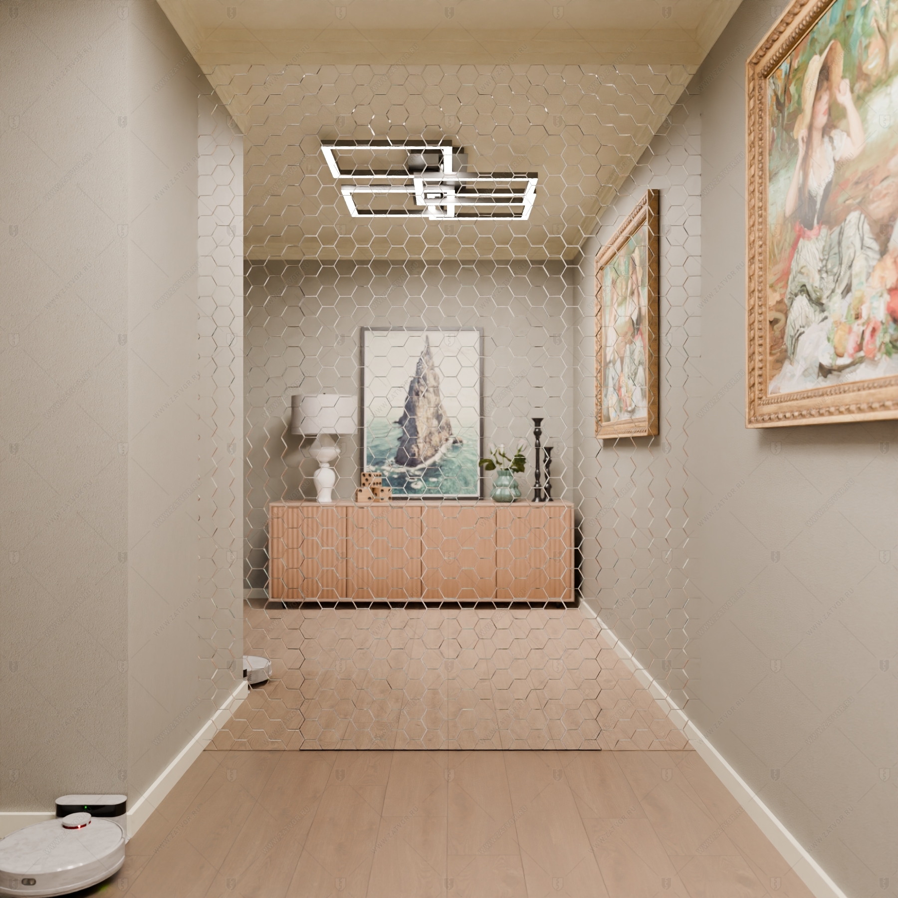 Скрытая (потайная) дверь "Панопт" БАСТИОН-1 с наружной панелью из зеркальной плитки